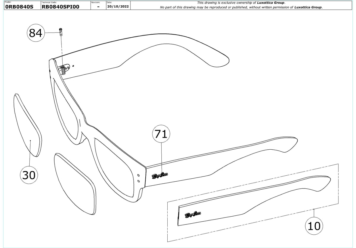 Enlarged technical drawing of the Ray-Ban Mega Wayfarer RB0840S Replacement Parts