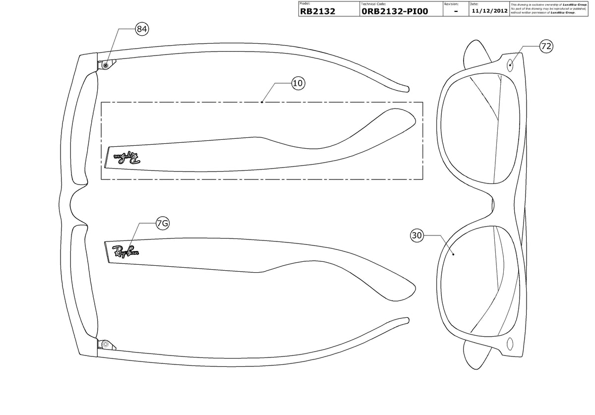 Enlarged technical drawing of the Ray-Ban New Wayfarer RB2132 Replacement Parts