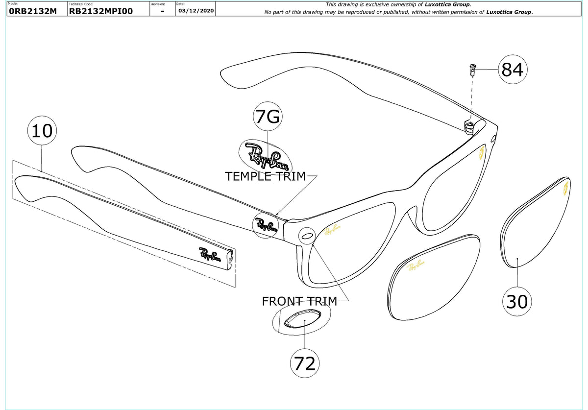 Exploded technical drawing of the Ray-Ban New Wayfarer RB2132M Replacement Parts, with each replacement part numbered
