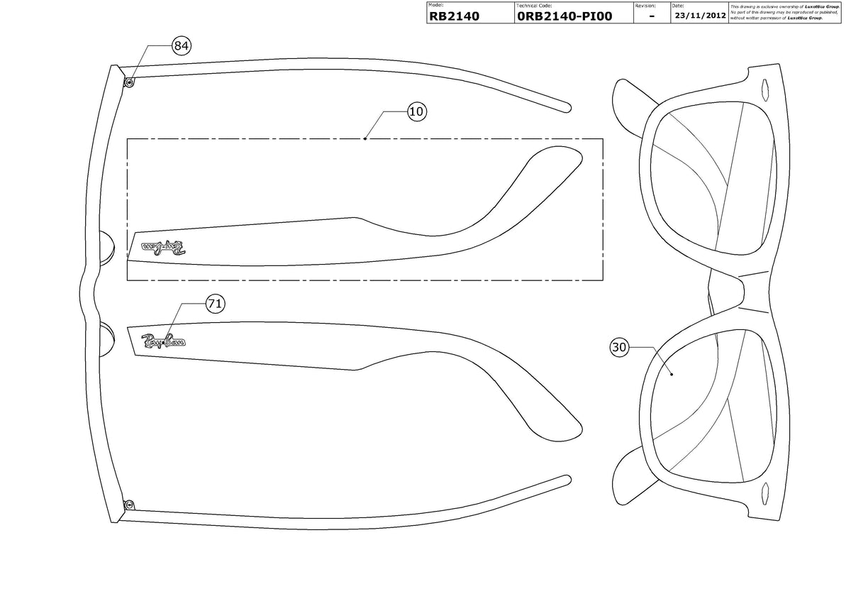 Enlarged technical drawing of the Ray-Ban Wayfarer RB2140 Replacement Parts