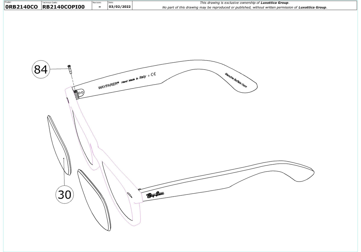 Enlarged technical drawing of the Ray-Ban Wayfarer RB2140CO Replacement Parts