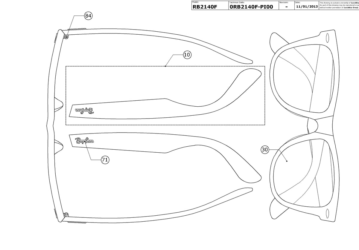 Exploded technical drawing of the Ray-Ban Wayfarer RB2140F Replacement Parts, with each replacement part numbered