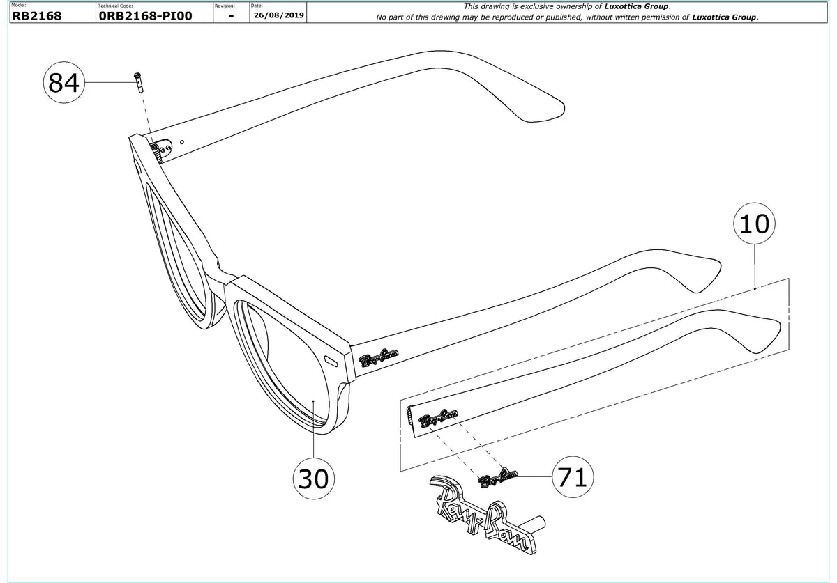 Enlarged technical drawing of the Ray-Ban Meteor RB2168 Replacement Parts