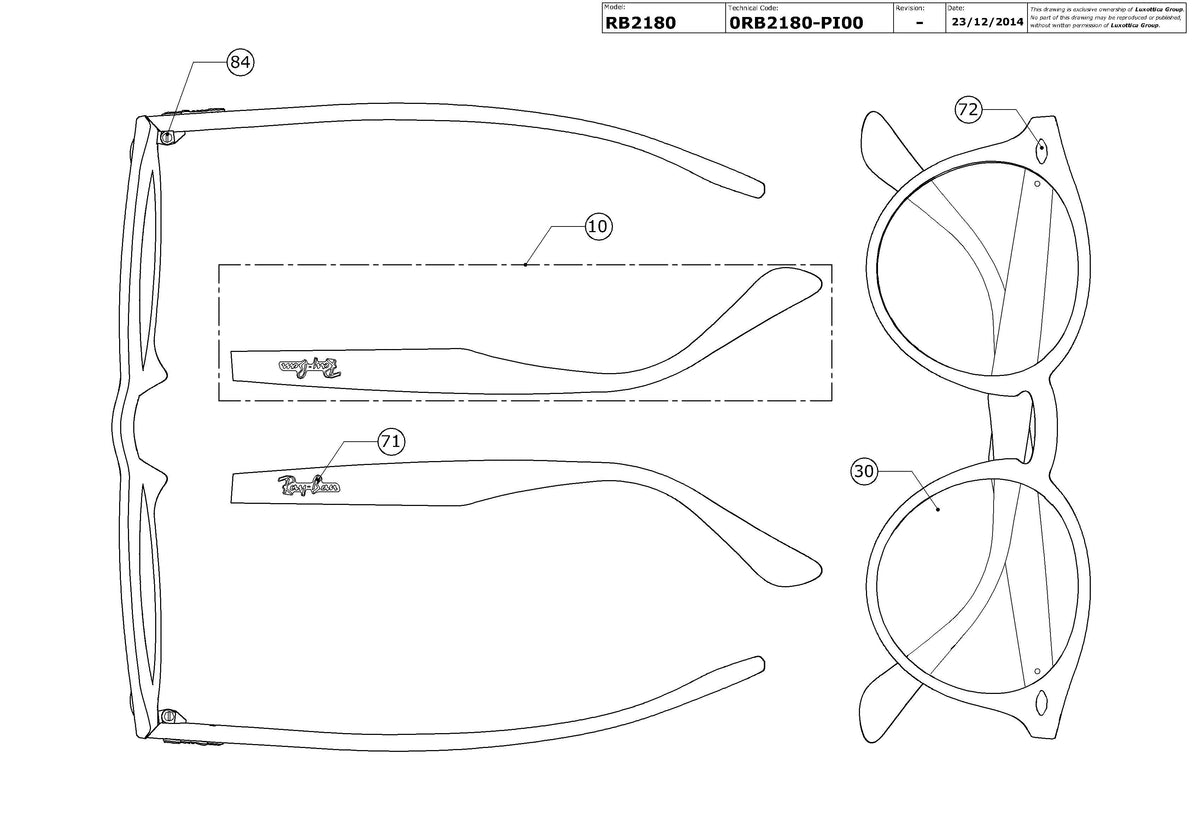 Exploded technical drawing of the Ray-Ban RB2180 Replacement Parts, with each replacement part numbered