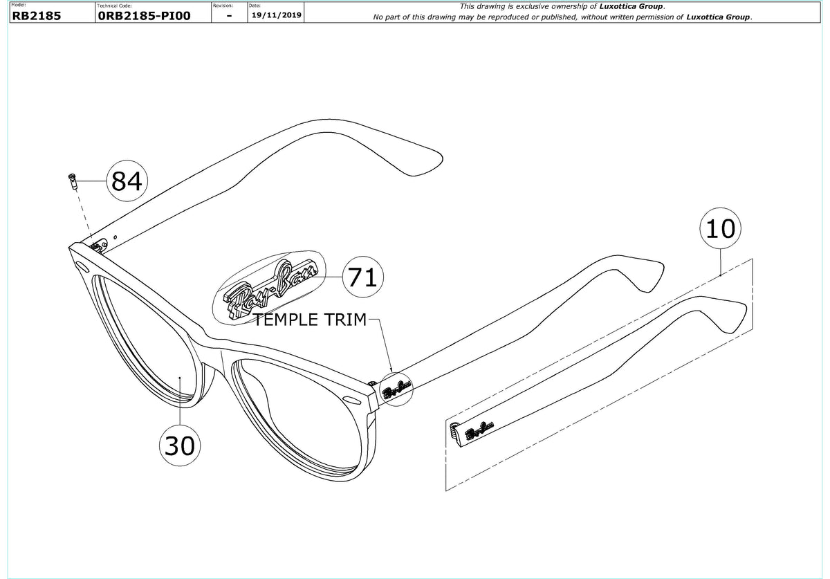 Exploded technical drawing of the Ray-Ban Wayfarer II RB2185 Replacement Parts, with each replacement part numbered