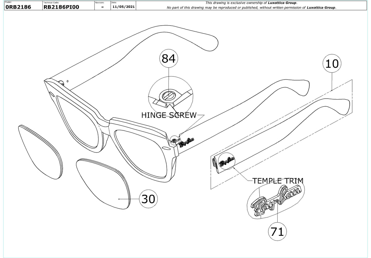 Exploded technical drawing of the Ray-Ban State Street RB2186 Replacement Parts, with each replacement part numbered