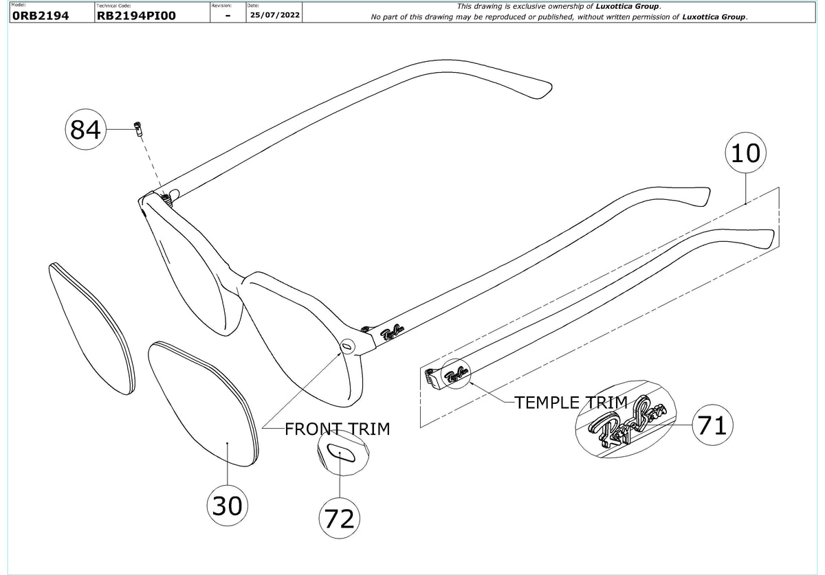 Exploded technical drawing of the Ray-Ban John RB2194 Replacement Parts, with each replacement part numbered
