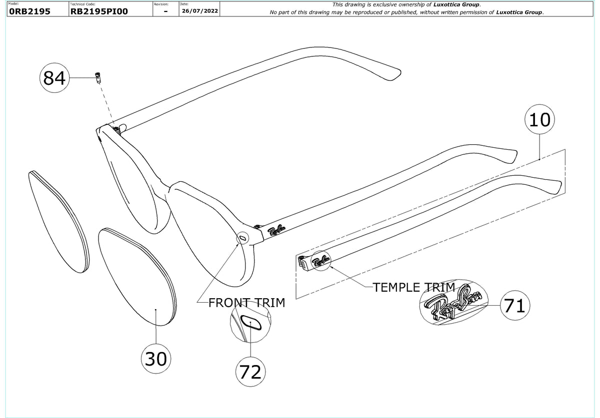 Enlarged technical drawing of the Ray-Ban Thalia RB2195 Replacement Parts