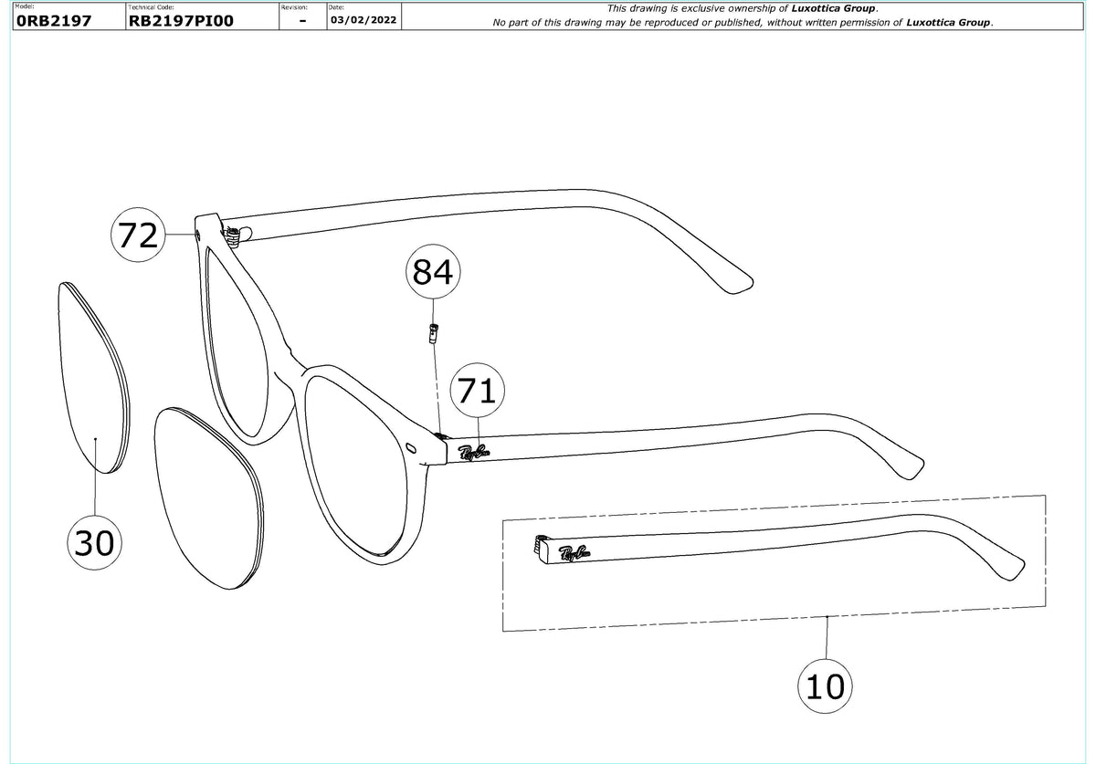 Enlarged technical drawing of the Ray-Ban RB2197 Elliot Replacement Parts