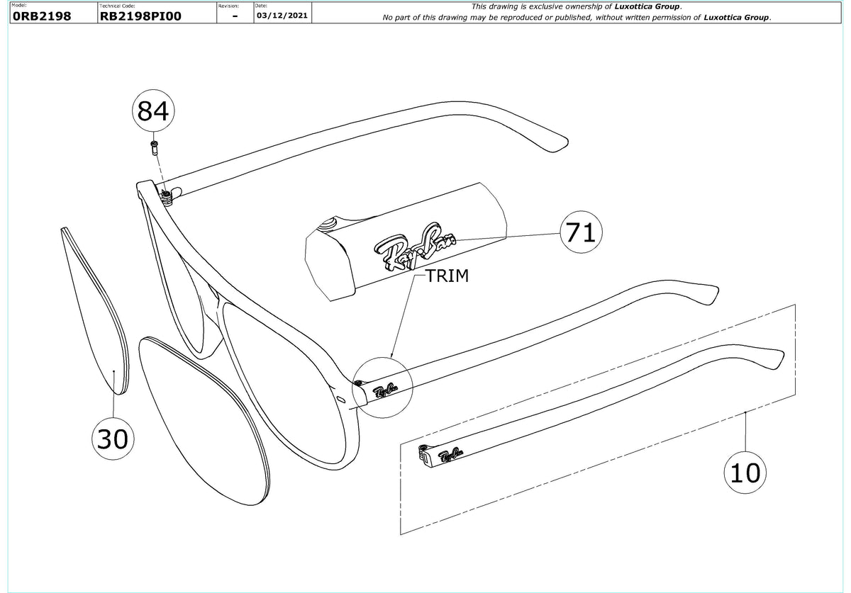 Exploded technical drawing of the Ray-Ban Bill RB2198 Replacement Parts, with each replacement part numbered