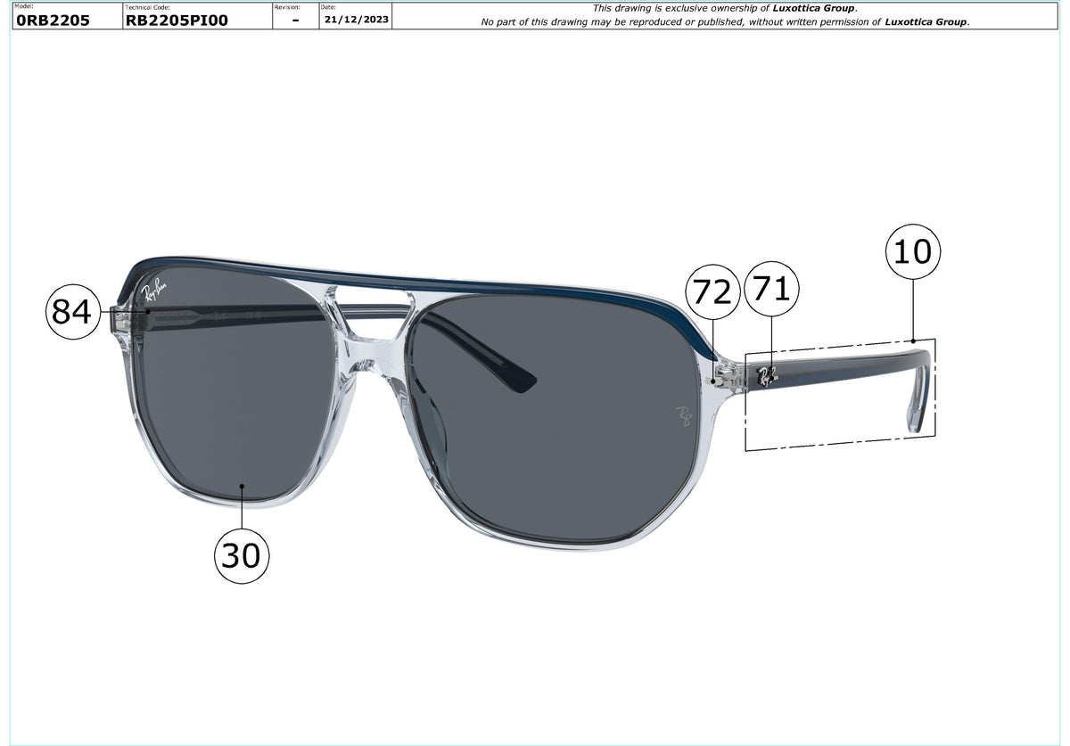 Exploded technical drawing of the Ray-Ban Bill One RB2205 Replacement Parts, with each replacement part numbered