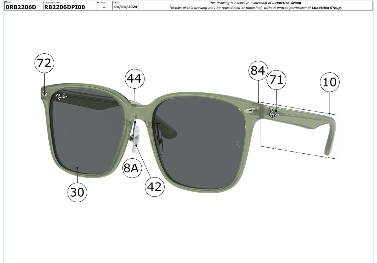 Enlarged technical drawing of the Ray-Ban RB2206D Replacement Parts