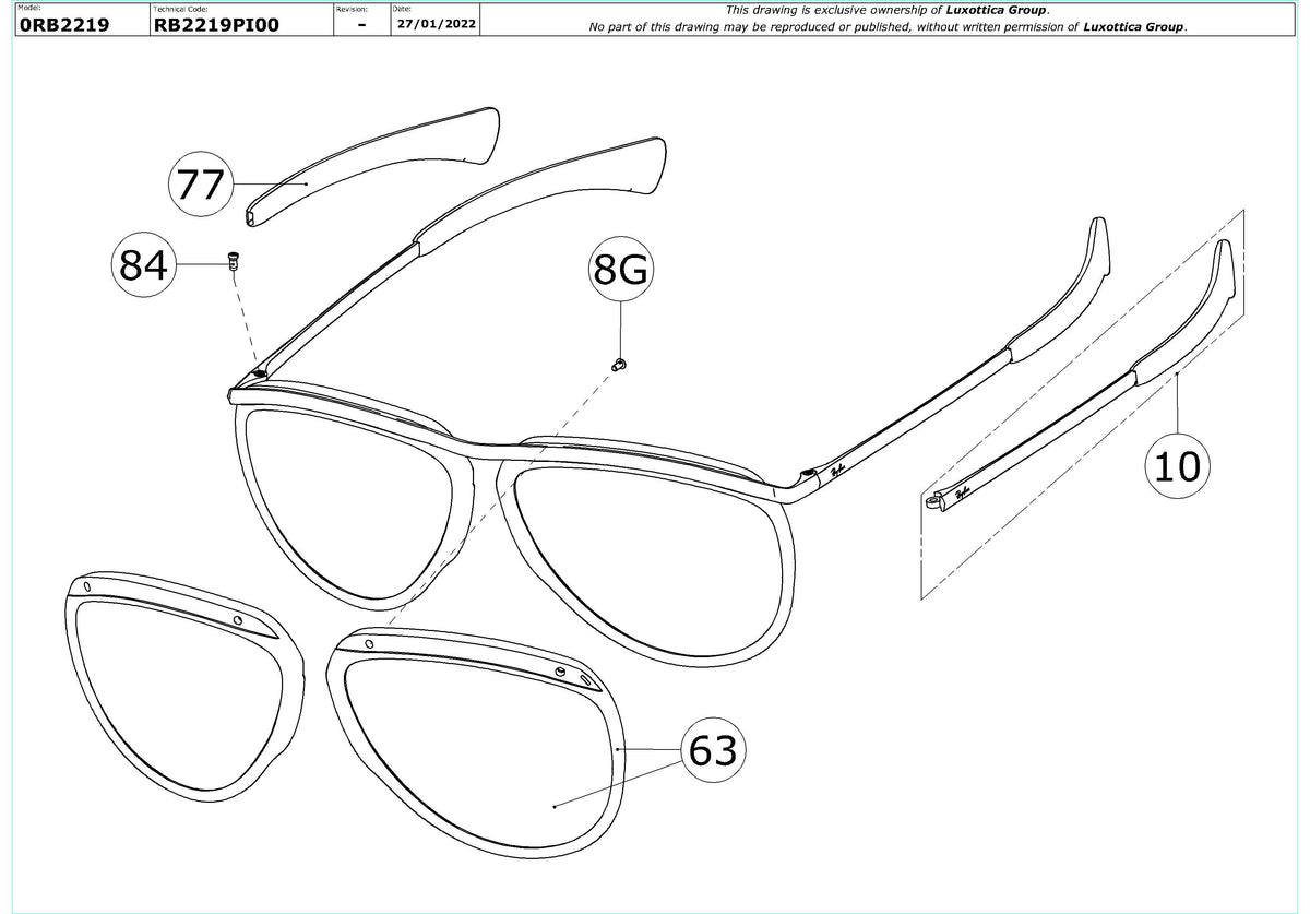 Enlarged technical drawing of the Ray-Ban Olympian Aviator RB2219 Replacement Parts