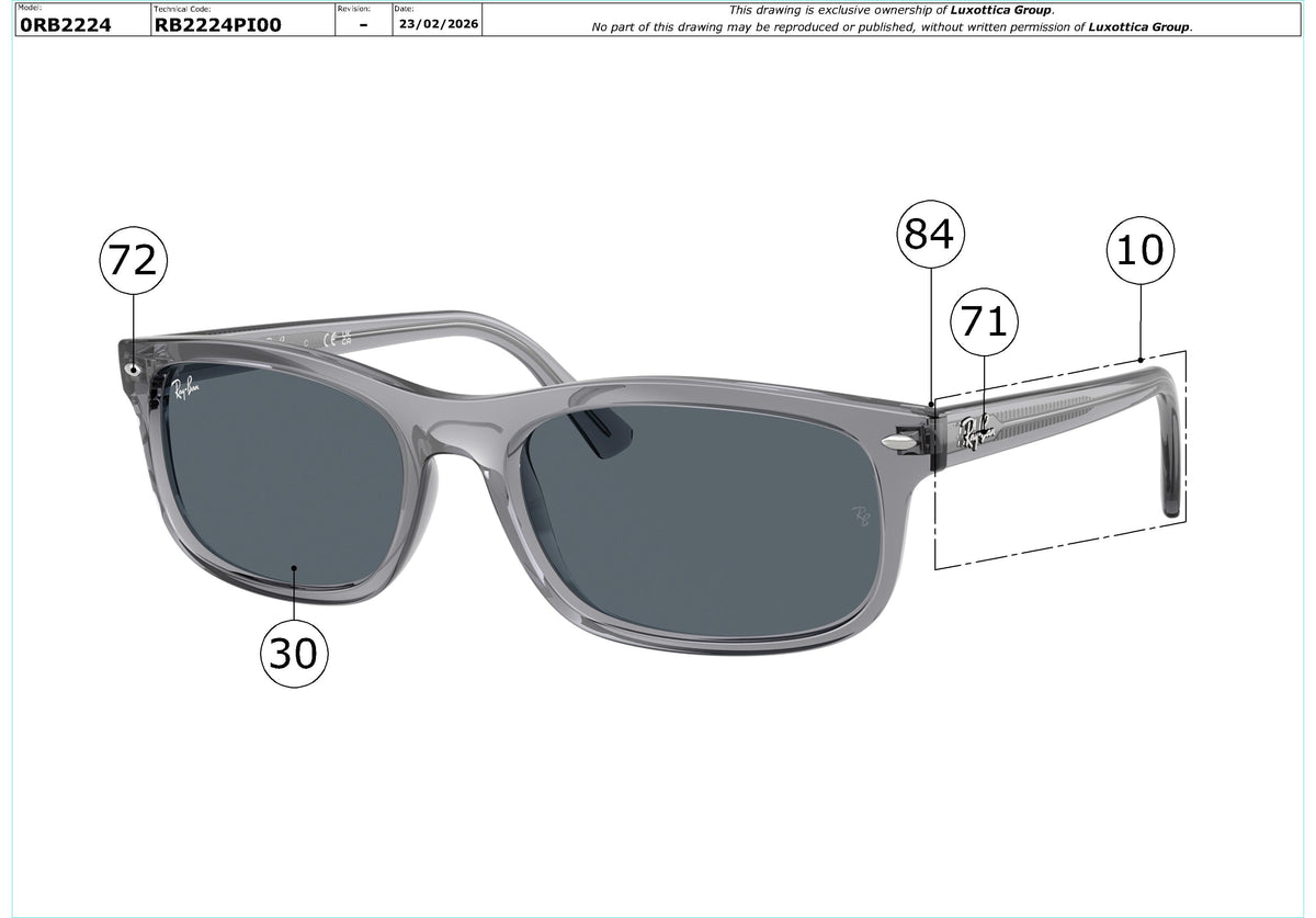 Exploded technical drawing of the Ray-Ban RB2224 Replacement Parts, with each replacement part numbered