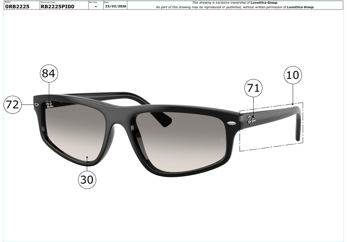 Exploded technical drawing of the Ray-Ban RB2225 Replacement Parts, with each replacement part numbered