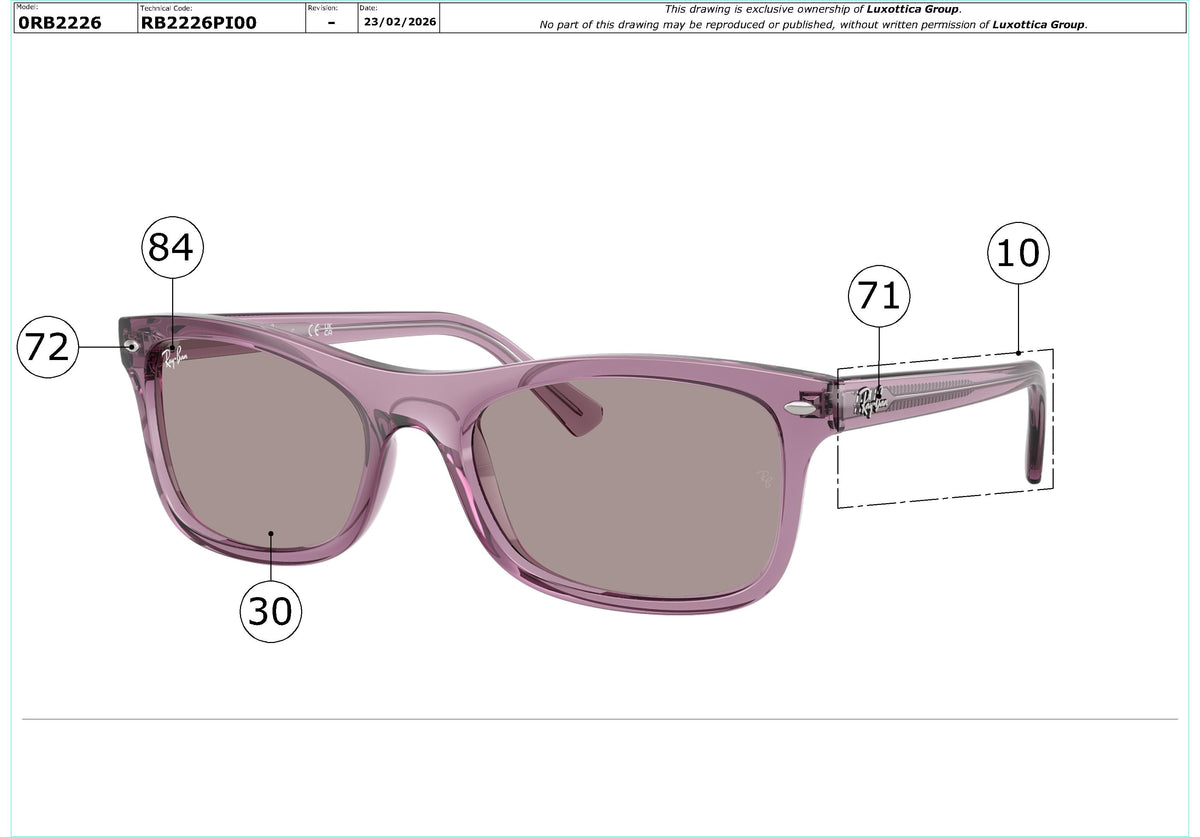 Enlarged technical drawing of the Ray-Ban RB2226 Replacement Parts