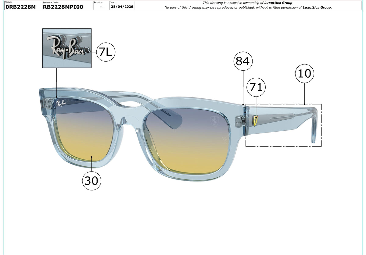 Exploded technical drawing of the Ray-Ban RB2228M Replacement Parts, with each replacement part numbered