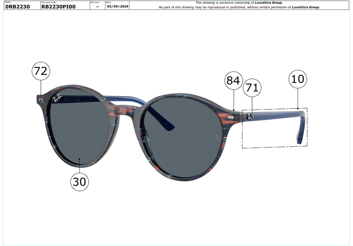 Enlarged technical drawing of the Ray-Ban Bernard RB2230 Replacement Parts