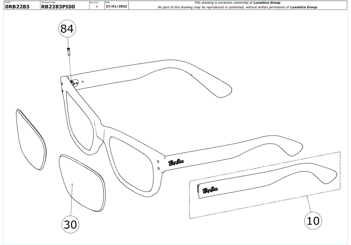 Exploded technical drawing of the Ray-Ban Mr Burbank RB2283 Replacement Parts, with each replacement part numbered