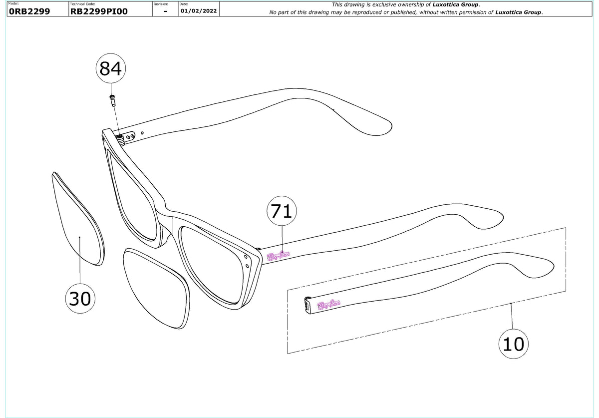 Enlarged technical drawing of the Ray-Ban Lady Burbank RB2299 Replacement Parts