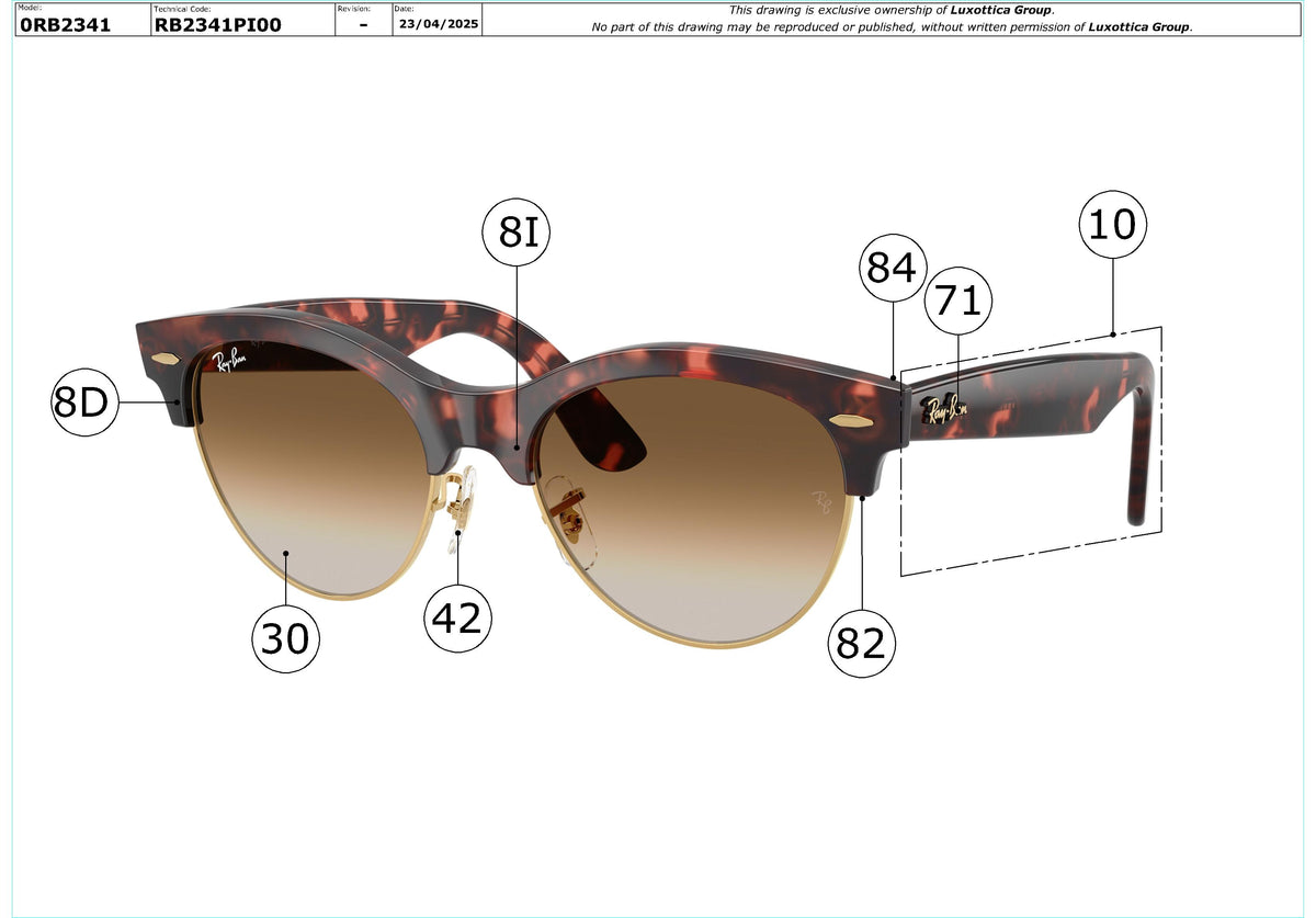 Exploded technical drawing of the Ray-Ban Clubmaster Way RB2341 Replacement Parts, with each replacement part numbered