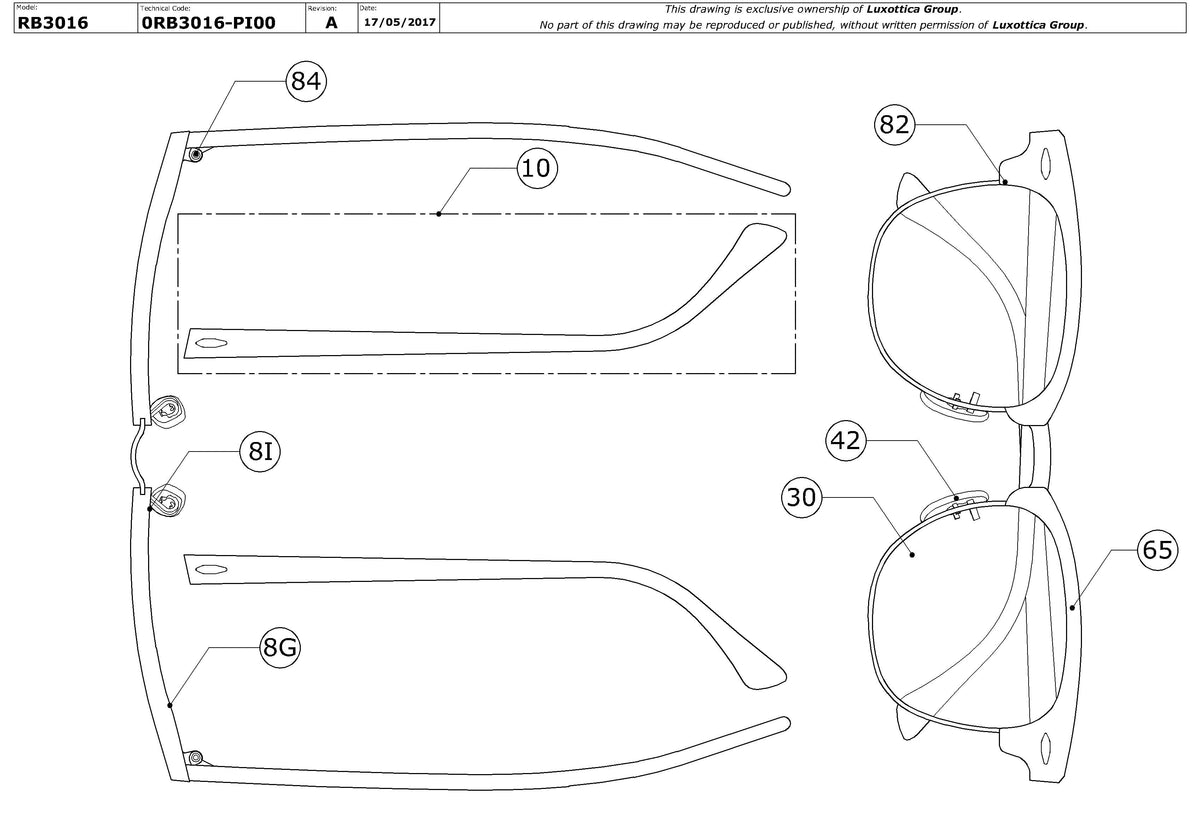 Enlarged technical drawing of the Ray-Ban Clubmaster RB3016 Replacement Parts
