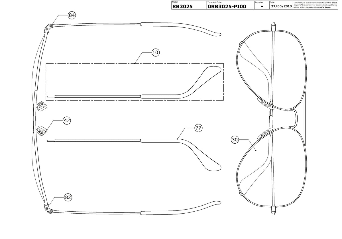 Exploded technical drawing of the Ray-Ban Aviator RB3025 Replacement Parts, with each replacement part numbered