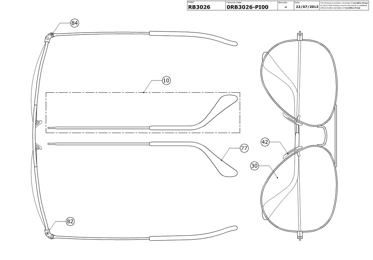 Enlarged technical drawing of the Ray-Ban Aviator Large Metal II RB3026 Replacement Parts