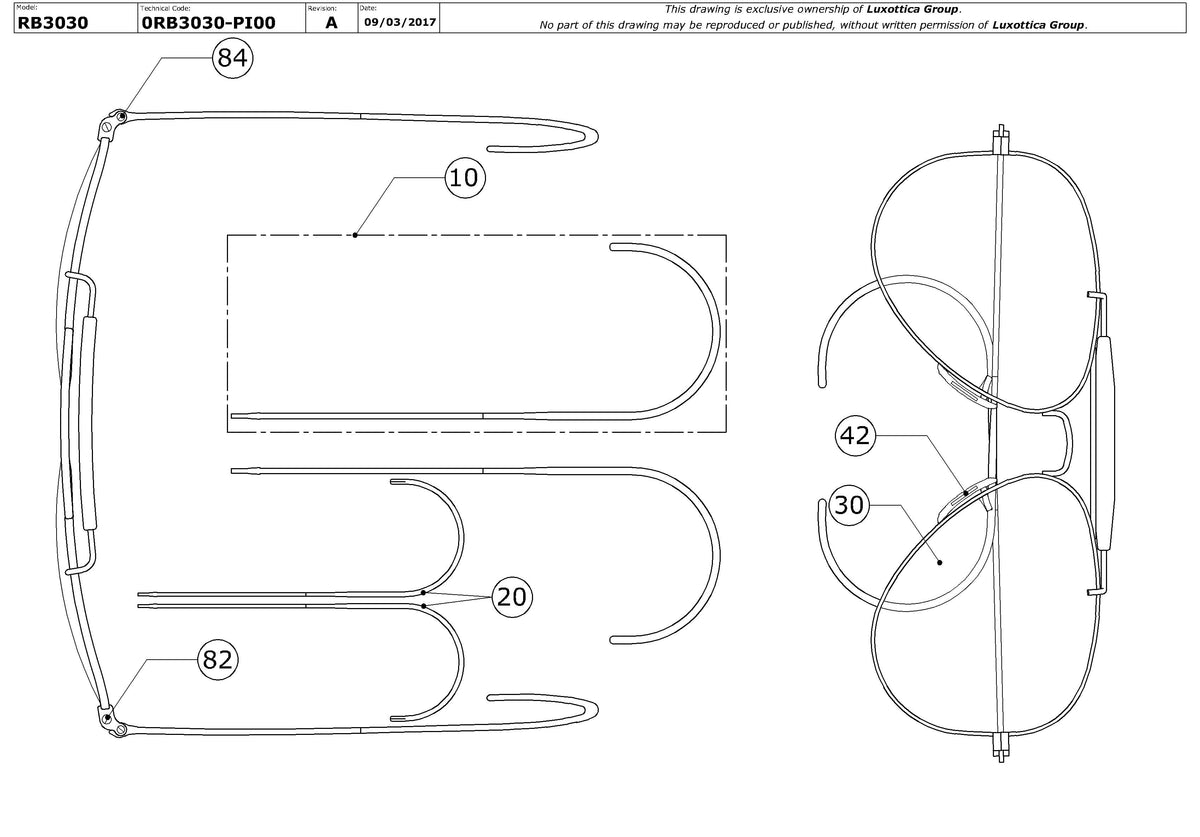 Enlarged technical drawing of the Ray-Ban Outdoorsman I RB3030 Replacement Parts