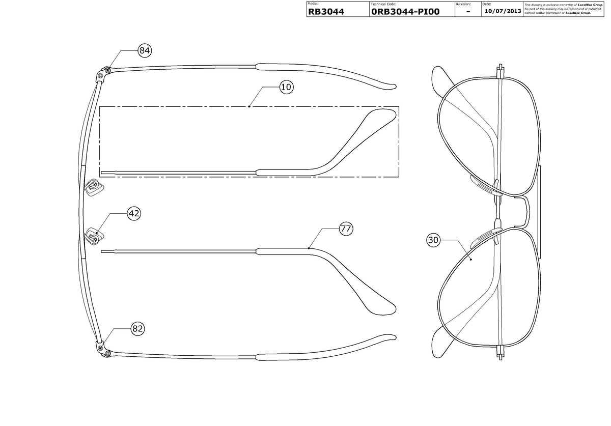 Exploded technical drawing of the Ray-Ban Aviator Small Metal RB3044 Replacement Parts, with each replacement part numbered