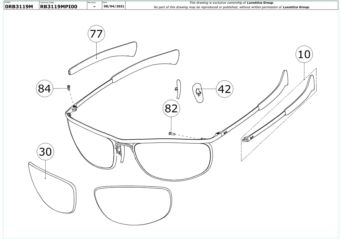 Exploded technical drawing of the Ray-Ban Olympian I Deluxe RB3119M Replacement Parts, with each replacement part numbered