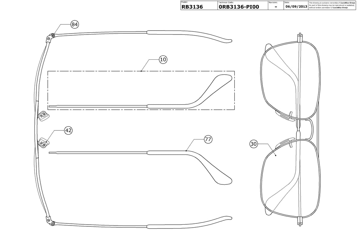Exploded technical drawing of the Ray-Ban Caravan RB3136 Replacement Parts, with each replacement part numbered