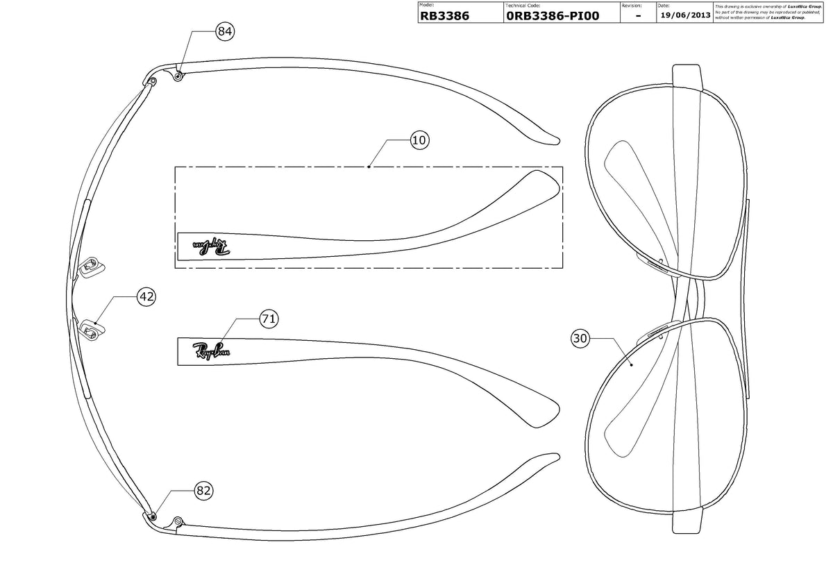Enlarged technical drawing of the Ray-Ban RB3386 Replacement Parts