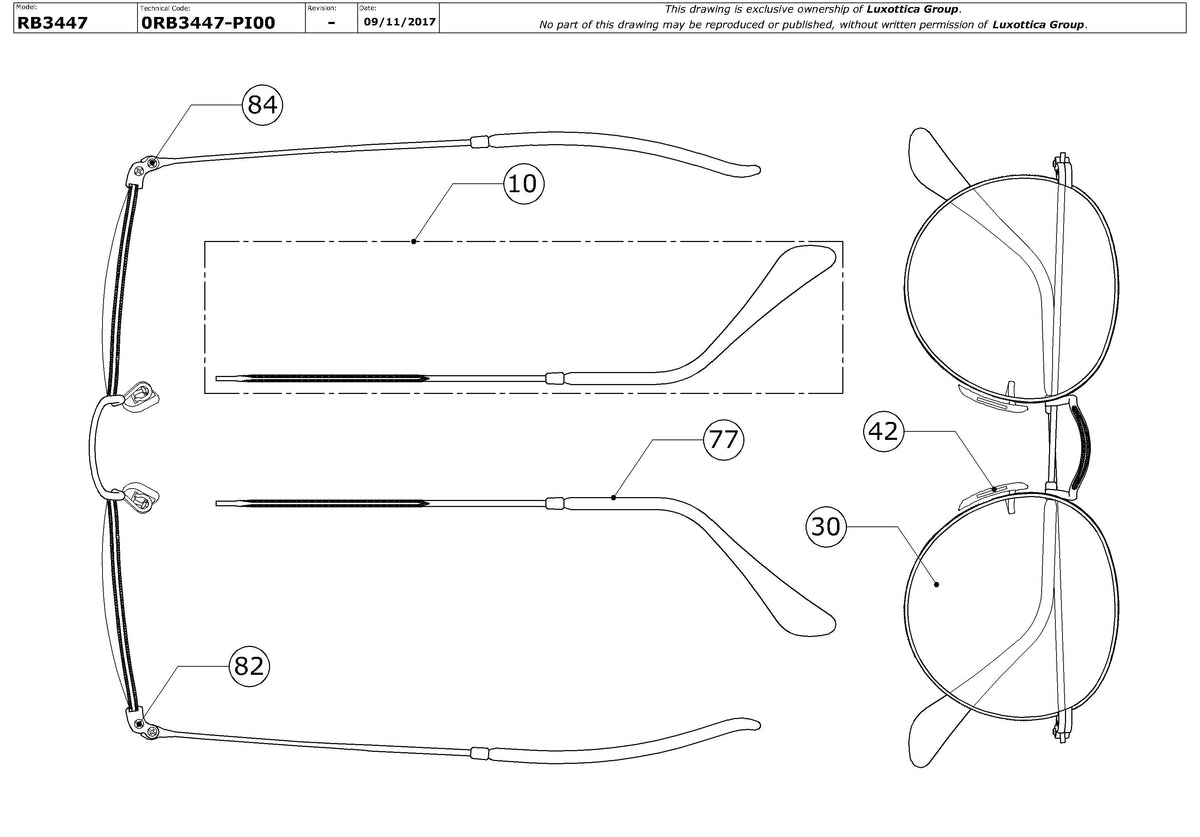 Enlarged technical drawing of the Ray-Ban Round Metal RB3447 Replacement Parts