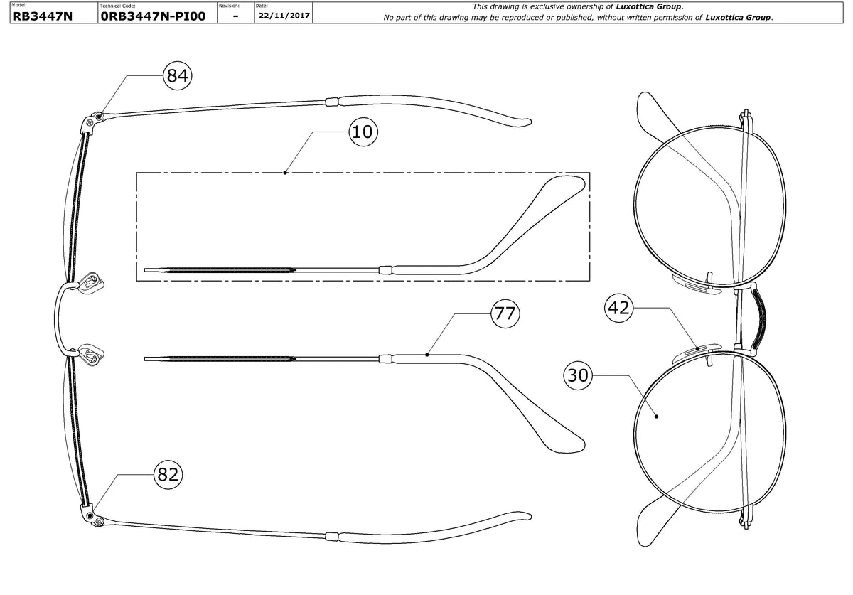 Enlarged technical drawing of the Ray-Ban Round Metal RB3447N Replacement Parts