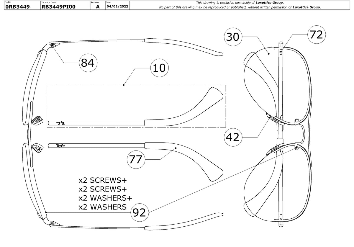 Enlarged technical drawing of the Ray-Ban RB3449 Replacement Parts
