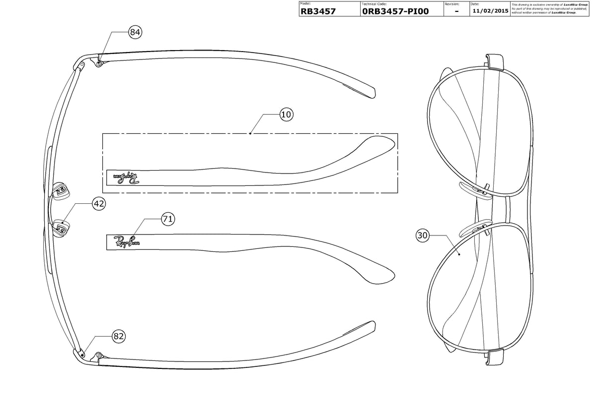 Enlarged technical drawing of the Ray-Ban RB3457 Replacement Parts