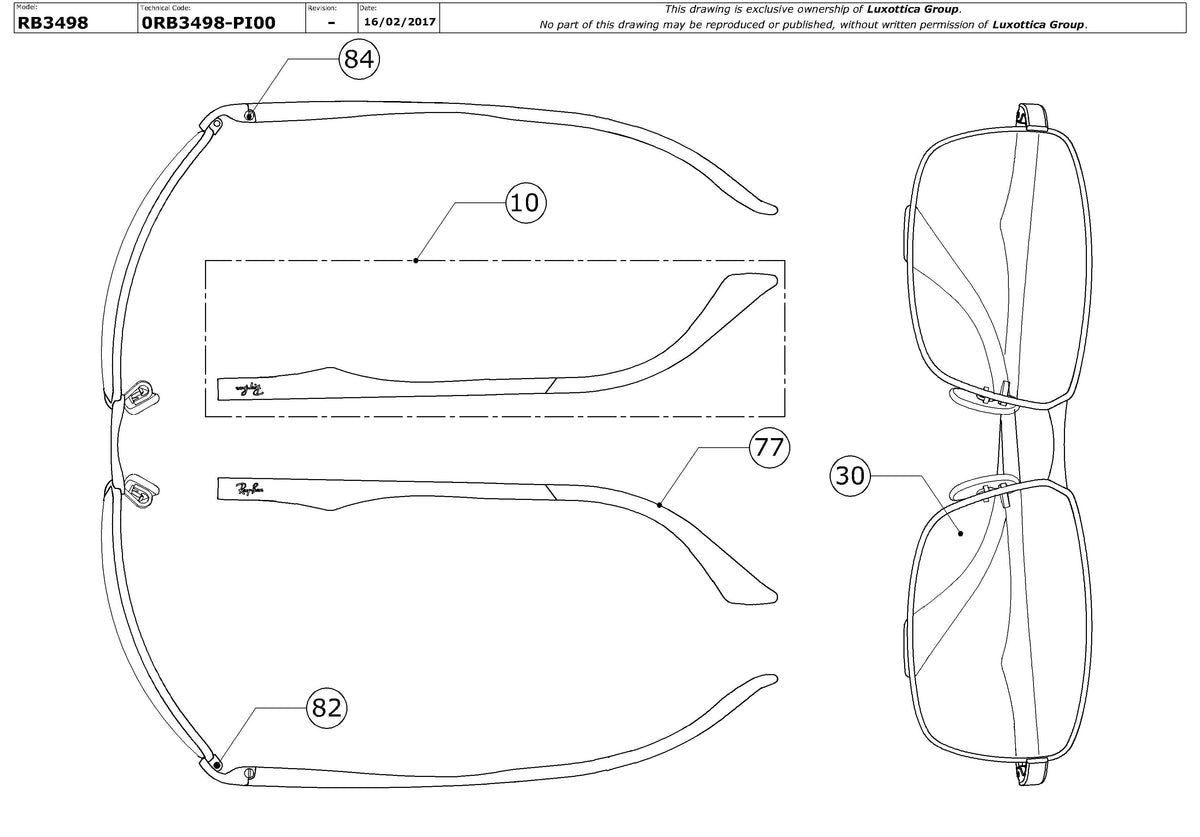Exploded technical drawing of the Ray-Ban RB3498 Replacement Parts, with each replacement part numbered