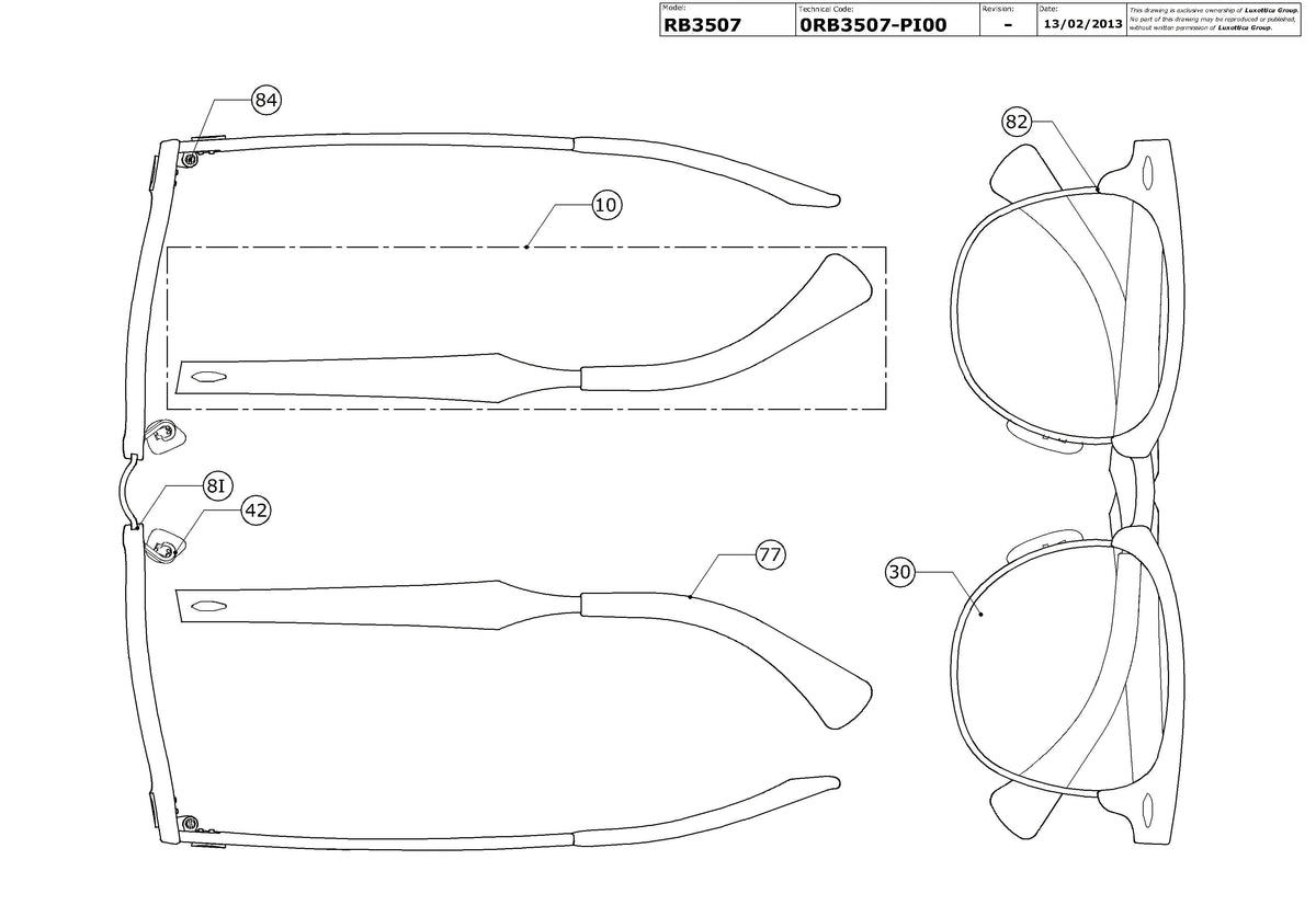 Enlarged technical drawing of the Ray-Ban Clubmaster Aluminum RB3507 Replacement Parts