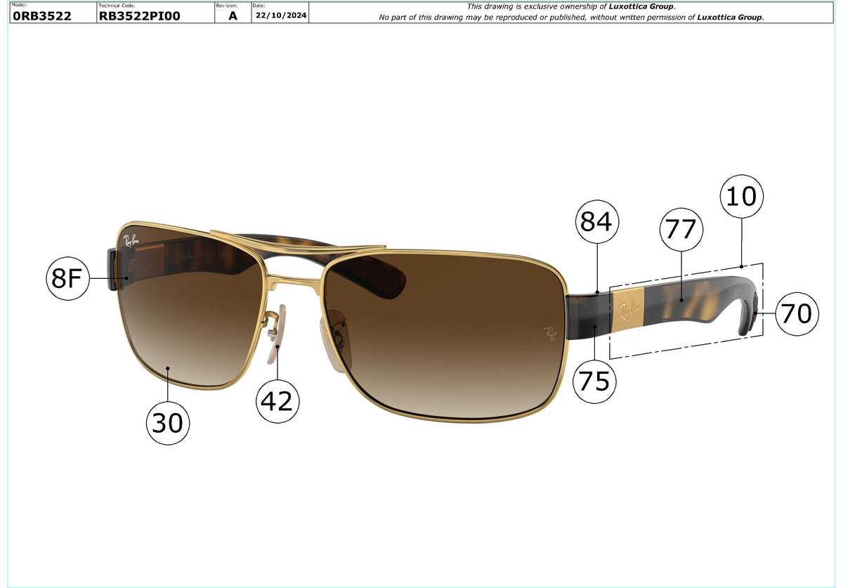 Enlarged technical drawing of the Ray-Ban RB3522 Replacement Parts