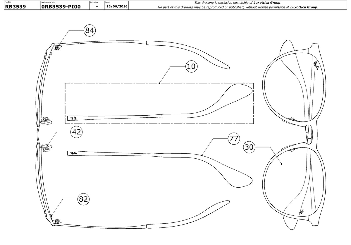 Enlarged technical drawing of the Ray-Ban Erika Metal RB3539 Replacement Parts