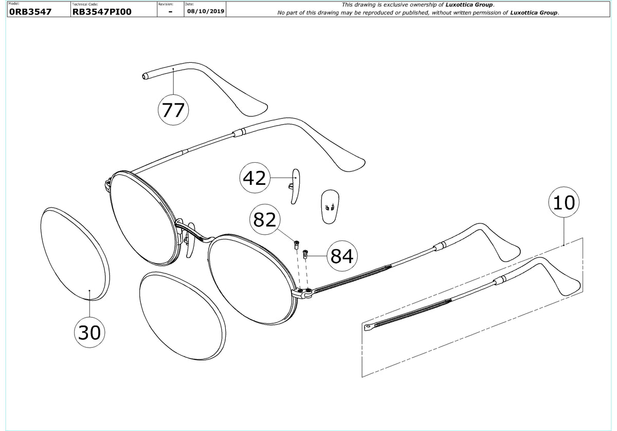 Enlarged technical drawing of the Ray-Ban Oval RB3547 Replacement Parts