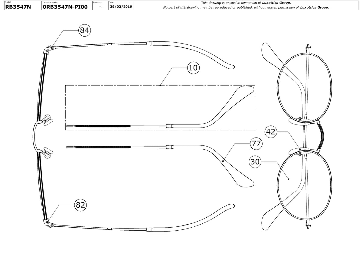Exploded technical drawing of the Ray-Ban Oval RB3547N Replacement Parts, with each replacement part numbered