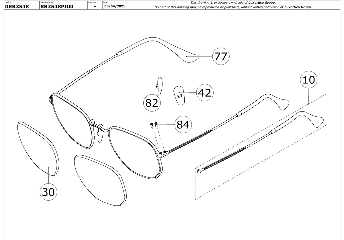 Enlarged technical drawing of the Ray-Ban Hexagonal RB3548 Replacement Parts