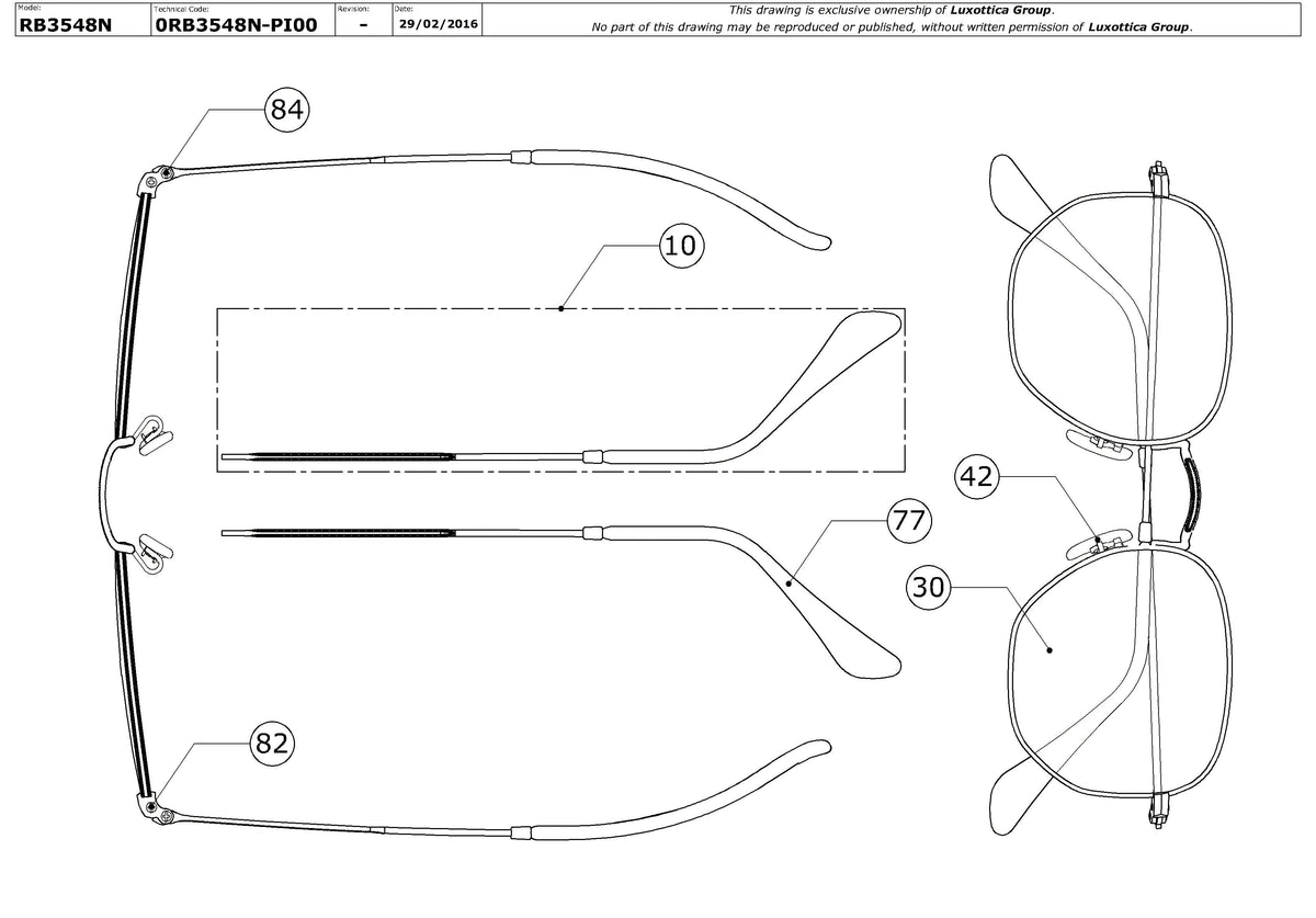 Exploded technical drawing of the Ray-Ban Hexagonal RB3548N Replacement Parts, with each replacement part numbered