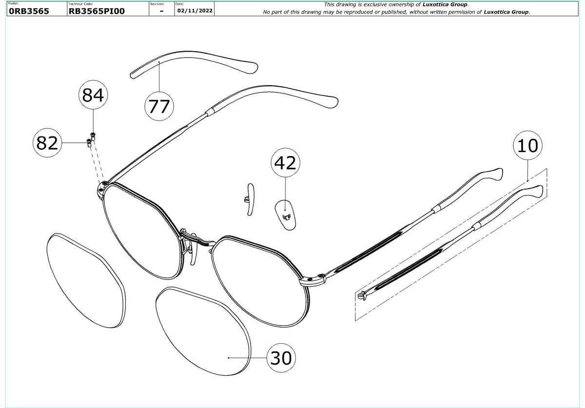 Enlarged technical drawing of the Ray-Ban Jack RB3565 Replacement Parts