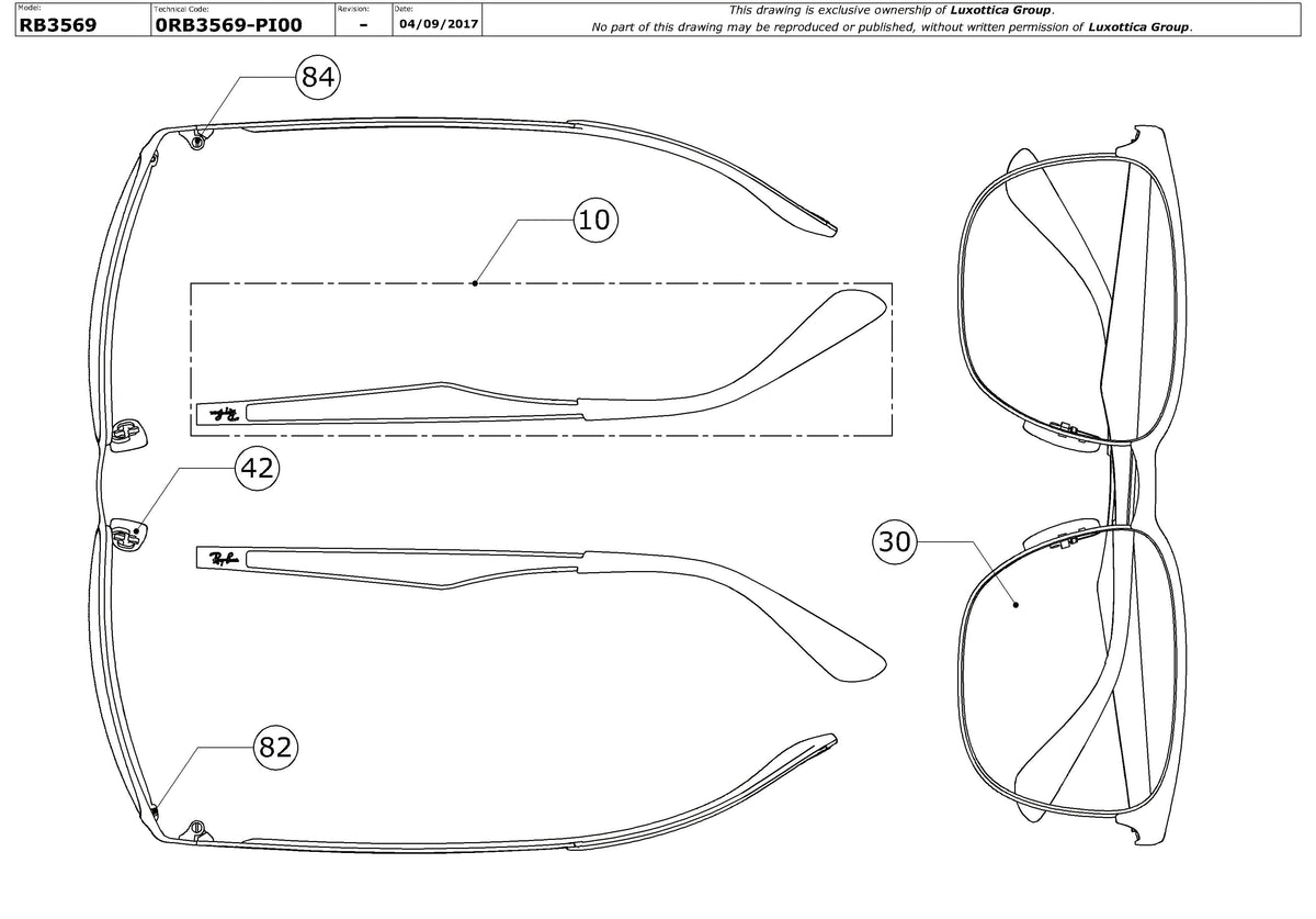 Exploded technical drawing of the Ray-Ban RB3569 Replacement Parts, with each replacement part numbered