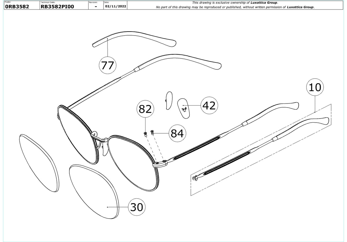 Enlarged technical drawing of the Ray-Ban David RB3582 Replacement Parts