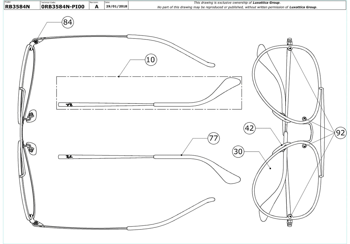 Exploded technical drawing of the Ray-Ban Blaze Aviator RB3584N Replacement Parts, with each replacement part numbered