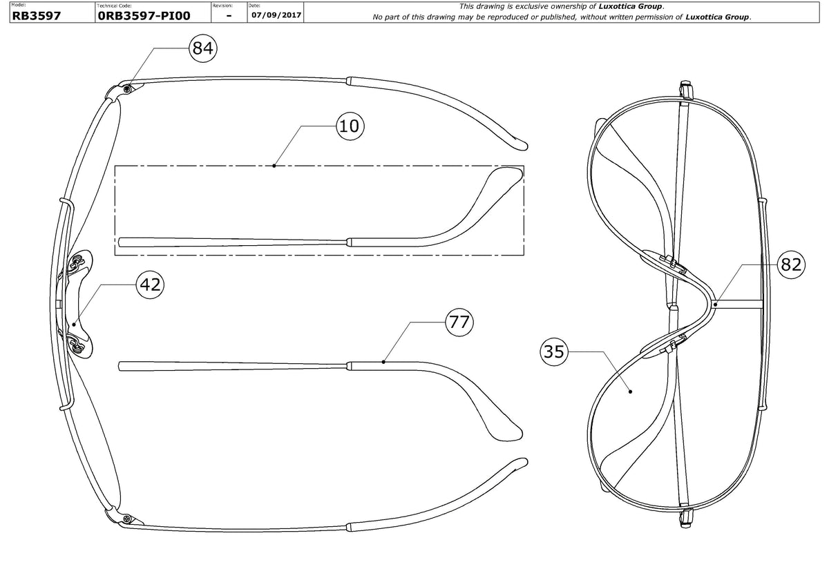 Enlarged technical drawing of the Ray-Ban Wings RB3597 Replacement Parts